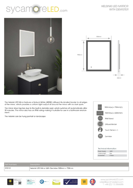Specification Sheet for Helsinki Illuminated Mirror