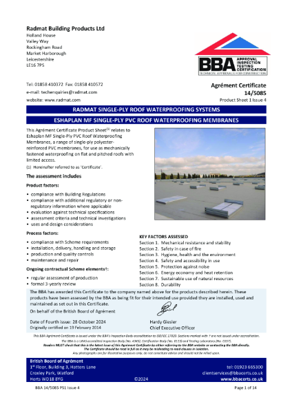 BBA-14-5085-EshaPlan MF Single-Ply PVC Roof Waterproofing Membranes