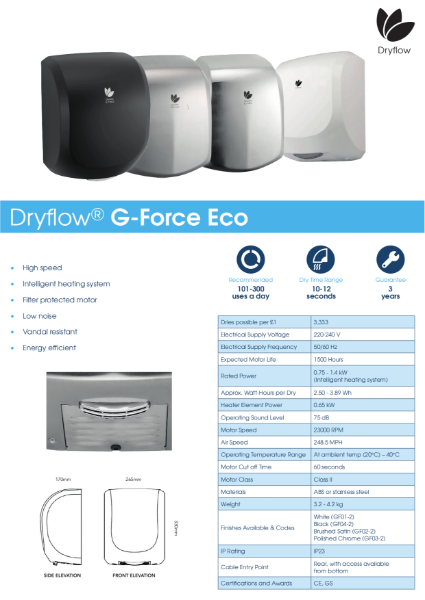 Hand Dryer Spec Sheet - Dryflow G-Force Eco Hand Dryer