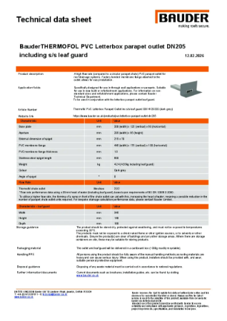 BauderTHERMOFOL PVC Letterbox parapet outlet DN 205 including ss leaf guard