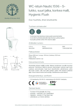 Tuotteen tietolomake - WC-istuin Nautic 1596