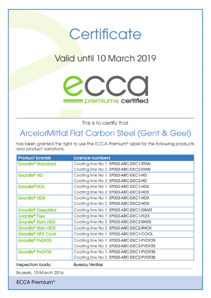 ECCA Premium - Certificate ArcelorMittal Decosteel