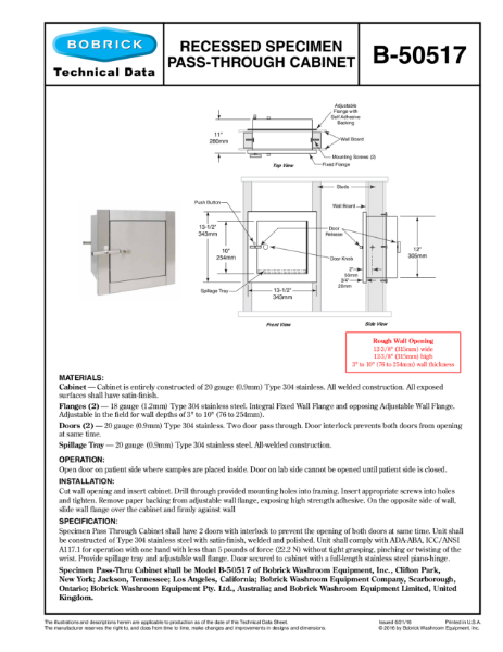 Recessed Specimen Pass-through Cabinet - B-50517 | Bobrick Washroom ...