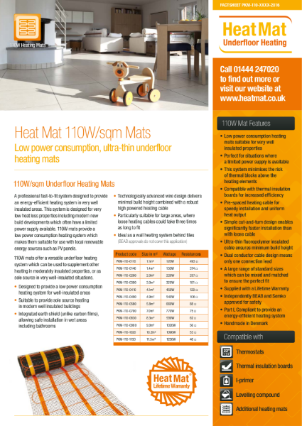 110W Underfloor Heating Mat Datasheet