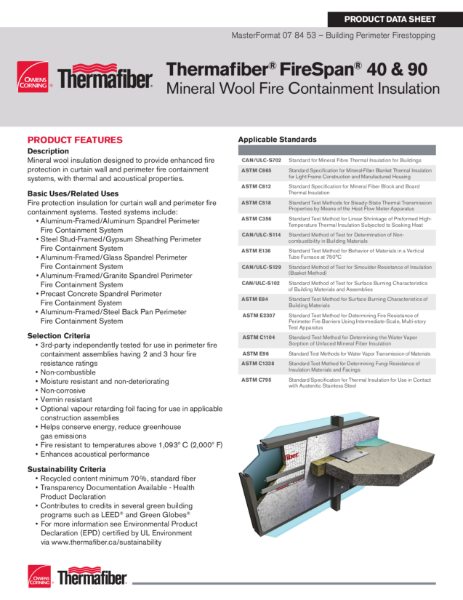 Thermafiber Firespan Mineral Wool Insulation Data Sheet Owens Corning Nbs Source 6846