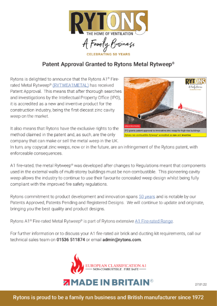 Patent Approval Granted to Rytons Metal Rytweep®