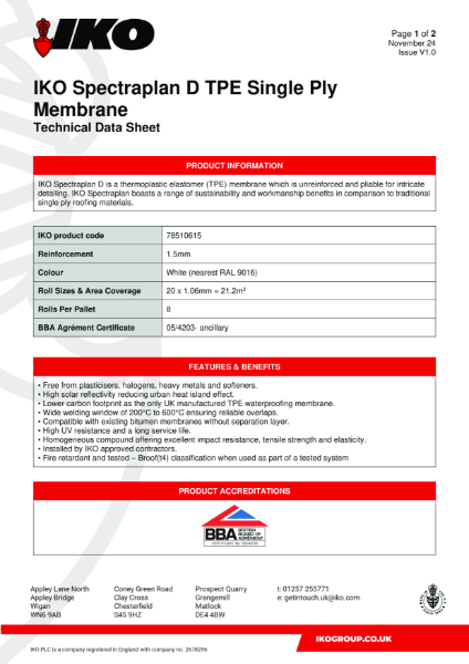 Technical Data Sheet (TDS) - IKO Spectraplan D TPE Single Ply Membrane