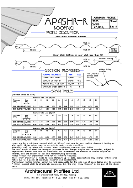 45HR-R -Aluminium - Roofing Data Sheet