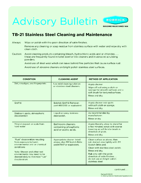 TB-21 Stainless Steel Cleaning and Maintenance