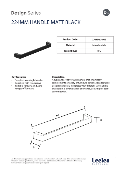 Zara Handle 224 mm - Matt Black