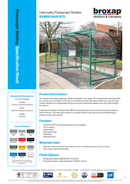 Harrowby Passenger Shelter Specification Sheet