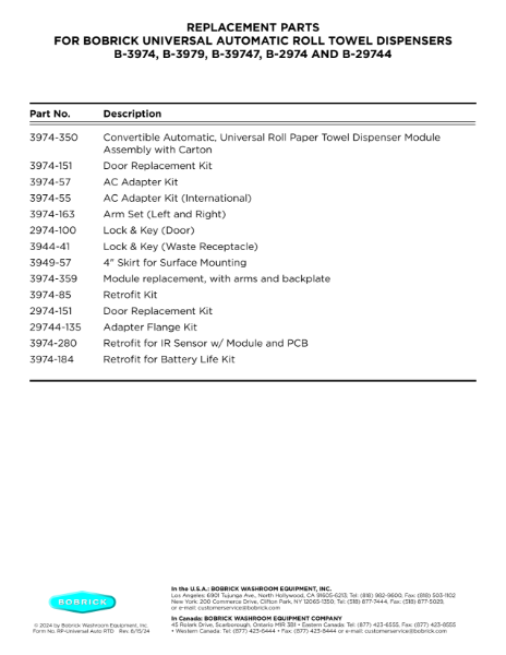 Replacement Parts for Bobrick Universal Automatic Roll Towel Dispensers - B-3974, B-39747, B-3979, B-2974 and B-29744