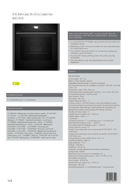 Single oven Slide and Hide door Graphite grey trim B64CS71G0B, Datasheet