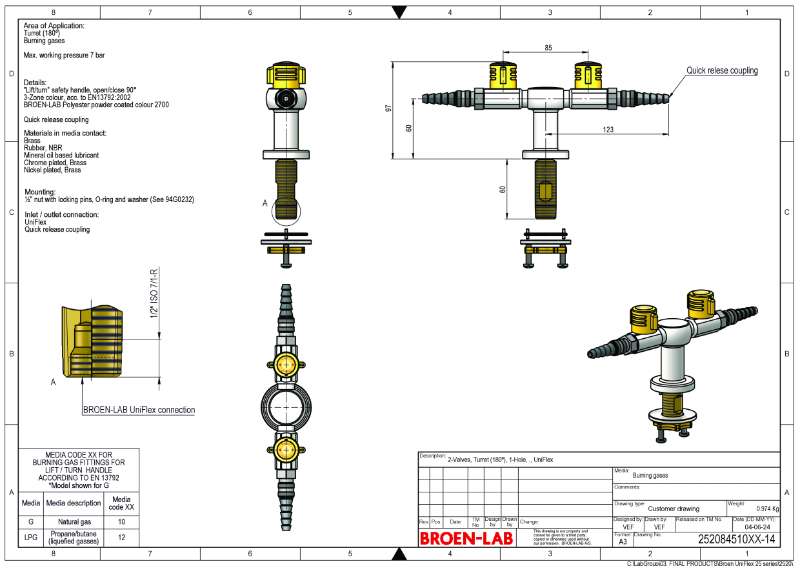 Table Mounted Laboratory Two-Way 180° Gas Tap Lift/Turn with Quick Release Coupling