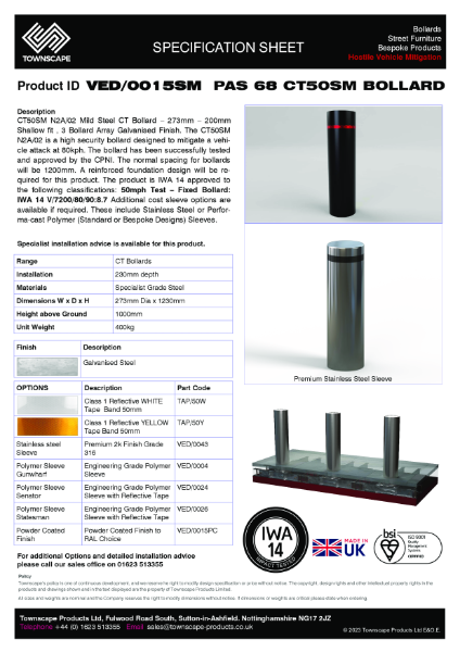 IWA 14 Bollard CT50 N2/A Shallow Mount Specification Sheet VED0015SM