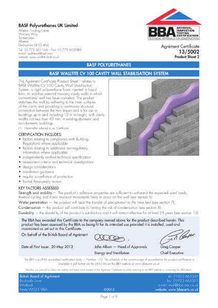 13/5002_2 BASF WALLTITE CV 100 CAVITY WALL STABILISATION SYSTEM