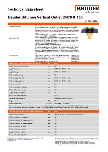 Bauder Bitumen Vertical Outlet DN70 & 150