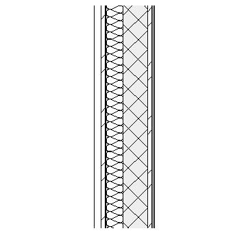 Composite stone panel with metal frame, weather barrier, insulation, concrete block and plasterboard lining on metal furrings