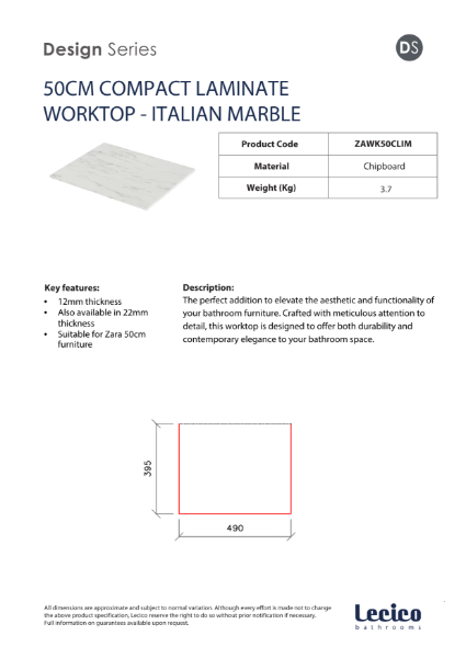 Zara 50 cm Width 12 mm Compact Laminate Worktop - Italian Marble