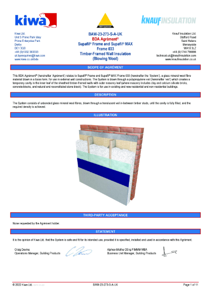 Knauf Insulation Supafil® Frame KIWA BDA Agrément® (Timber-Framed Wall Insulation)