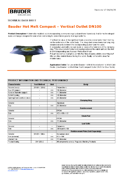 Bauder Hot Melt Compact Vertical Outlet DN100 - Technical Data Sheet