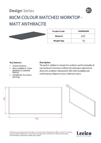 Zara 80 cm Width 18 mm Worktop - Matt Anthracite