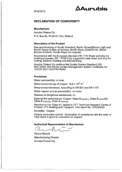 REACTION TO FIRE - CLASSIFICATION REPORT EUI-22-000041