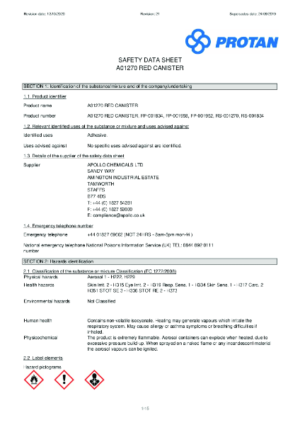 Protan (UK) Ltd ProBond Adhesive Safety Data Sheet - Spray Applied