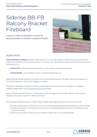 Siderise BB Balcony Bracket Fireboard TDS