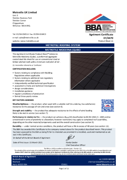 Metrotile Moderna BBA Certificate