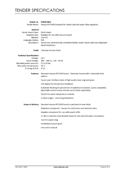 miscea KITCHEN Standard for Pouch (without water flow regulator) - Article no. KCR4S1NC0