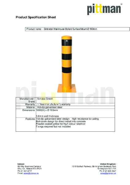 Defender Warehouse Bollard (Surface Mount) Ø 193mm - Data Sheet