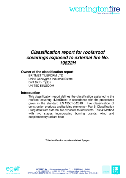 EN 13501-5:2016 BROOF(t4) Certificate - Britmet Liteslate