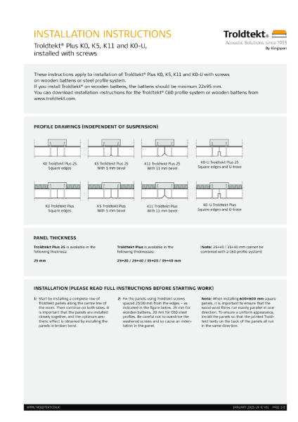 Troldtekt® Plus K0, K5, K11 and K0-U Installation Instructions