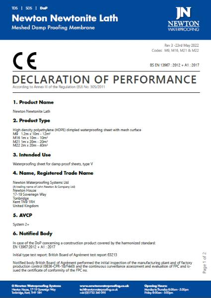 Newtonite Lath - Declaration of Performance