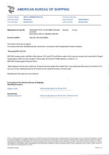 Pressure test for Nofirno Sealing system