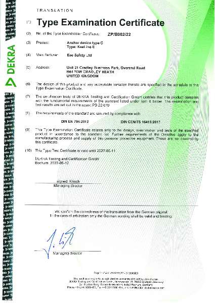 Kee Line® - EN 795:20212 - CENT/TS 16415:2017 - Type Examination Certificate
