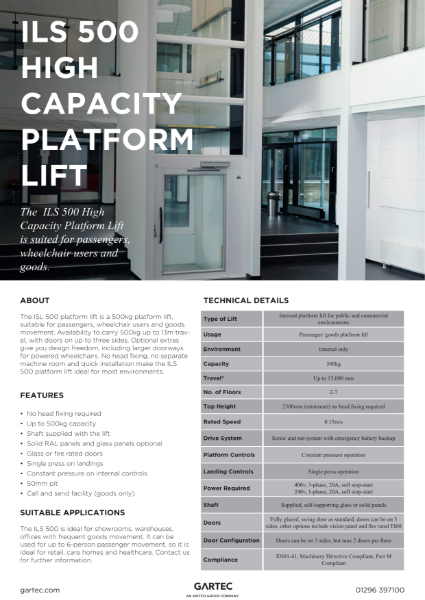 Gartec ILS 500 High Capacity Platform Lift – Product Data Sheet