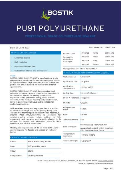 Bostik Professional PU91 Polyurethane TDS