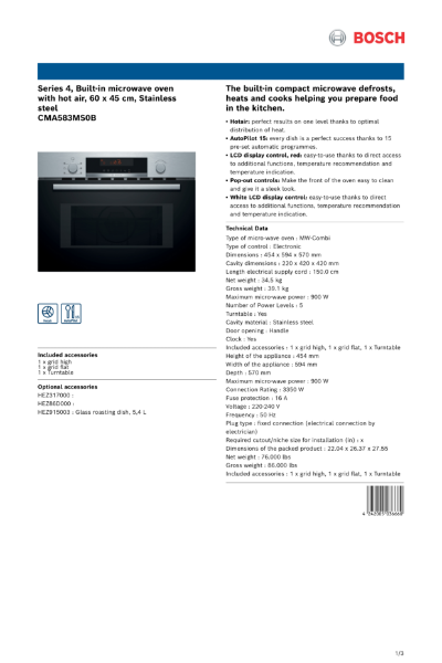 Series 4, Built-in microwave oven with hot air, 60 x 45 cm, Stainless steel CMA583MS0B