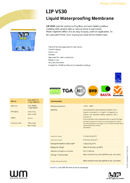 LIP VS30 Liquid Waterproofing Membrane Datasheet