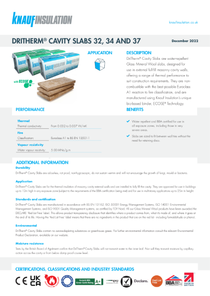 Knauf Insulation DriTherm® Cavity Slabs - Product Datasheet