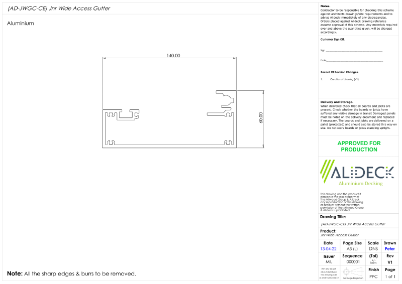 AliDeck Balcony Drainage System Junior Wide Access Gutter Drawing