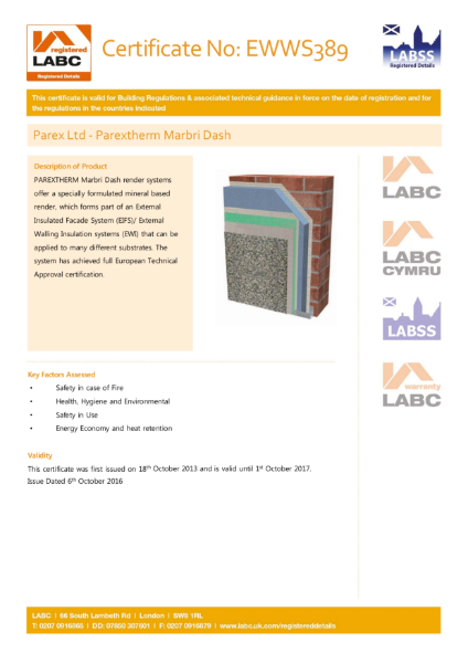 LABC Certificate (ParexTherm Marbri Dash)