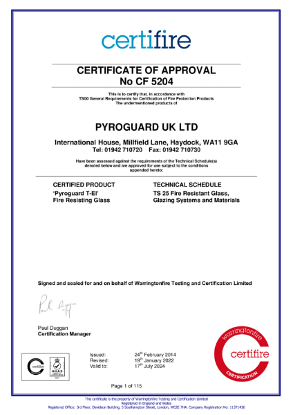 Certifire Certificate of Approval CF 5204 Pyroguard T EI Pyroguard