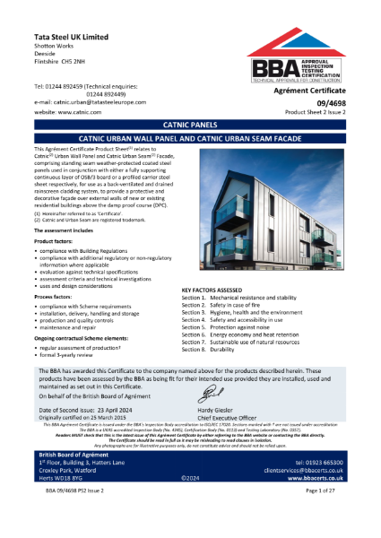 Catnic Urban Wall Panel & Seam Façade BBA Certification