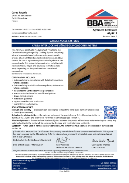 BBA Carea Interlocking vêtage-clip cladding system certificate 07/4417 Product Sheet 2