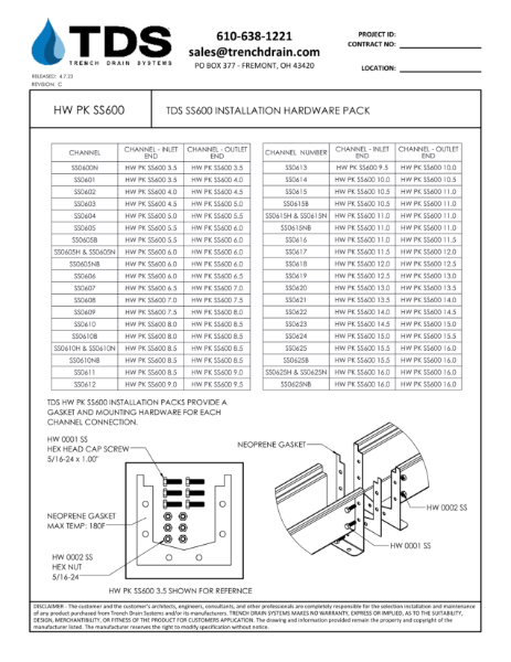 TDS SS600 Installation Hardware Pack