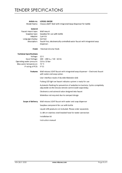 miscea LIGHT Wall with integrated Soap Dispenser for bottle - Article no. LCR3S2-1NCDE