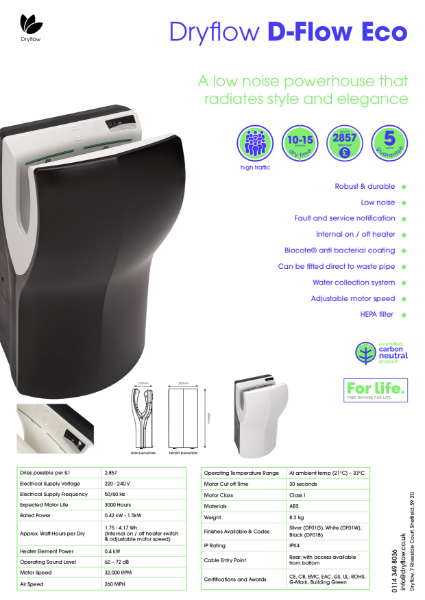 Hand Dryer Spec Sheet - Dryflow® D-Flow Eco HEPA Carbon Neutral Hand Dryer